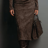 Lorena - Brown Midi Dress with Long Sleeves
