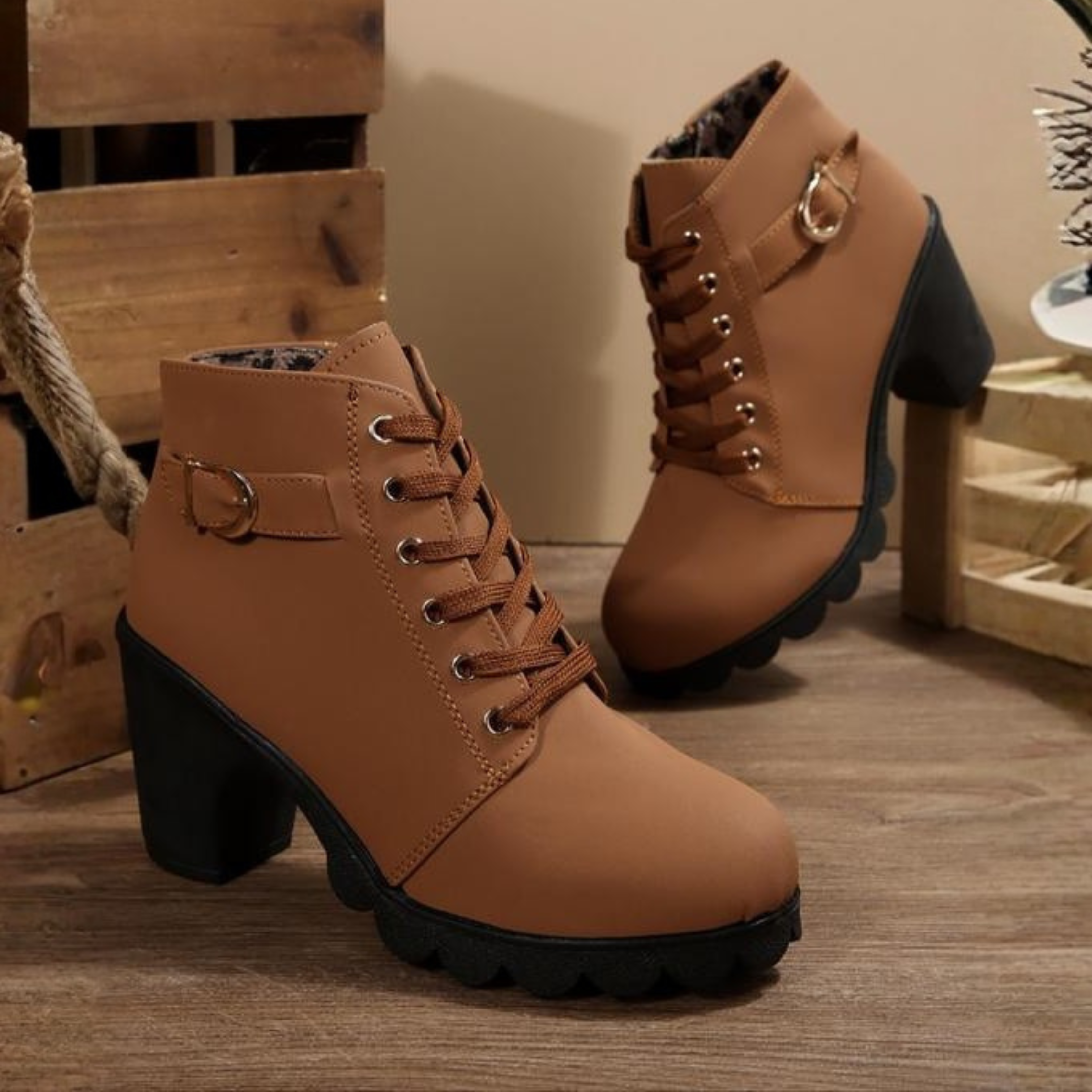 Charlotte | Chic Lace-Up Metal Buckle Chunky Ankle Boots