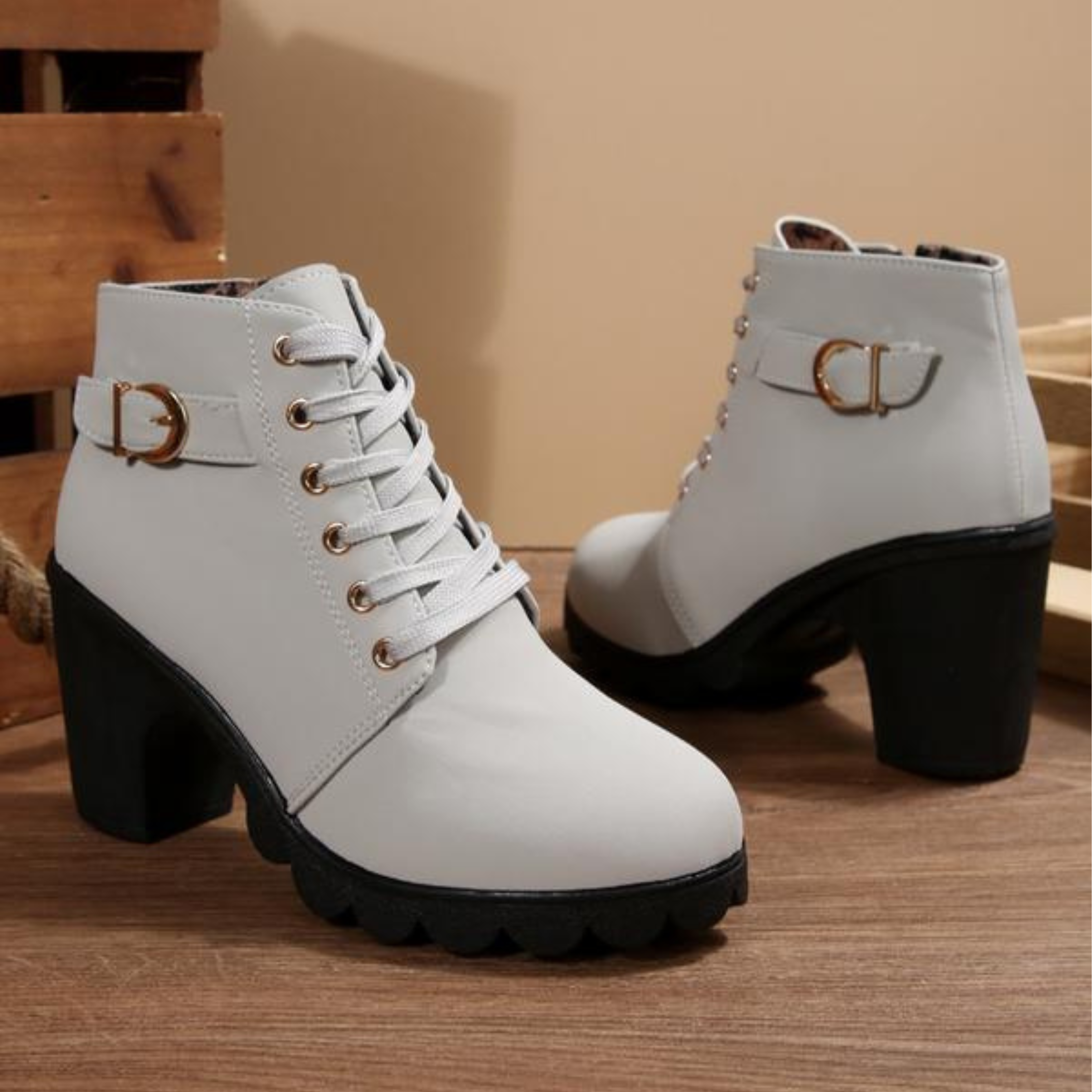 Charlotte | Chic Lace-Up Metal Buckle Chunky Ankle Boots