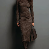 Lorena - Brown Midi Dress with Long Sleeves