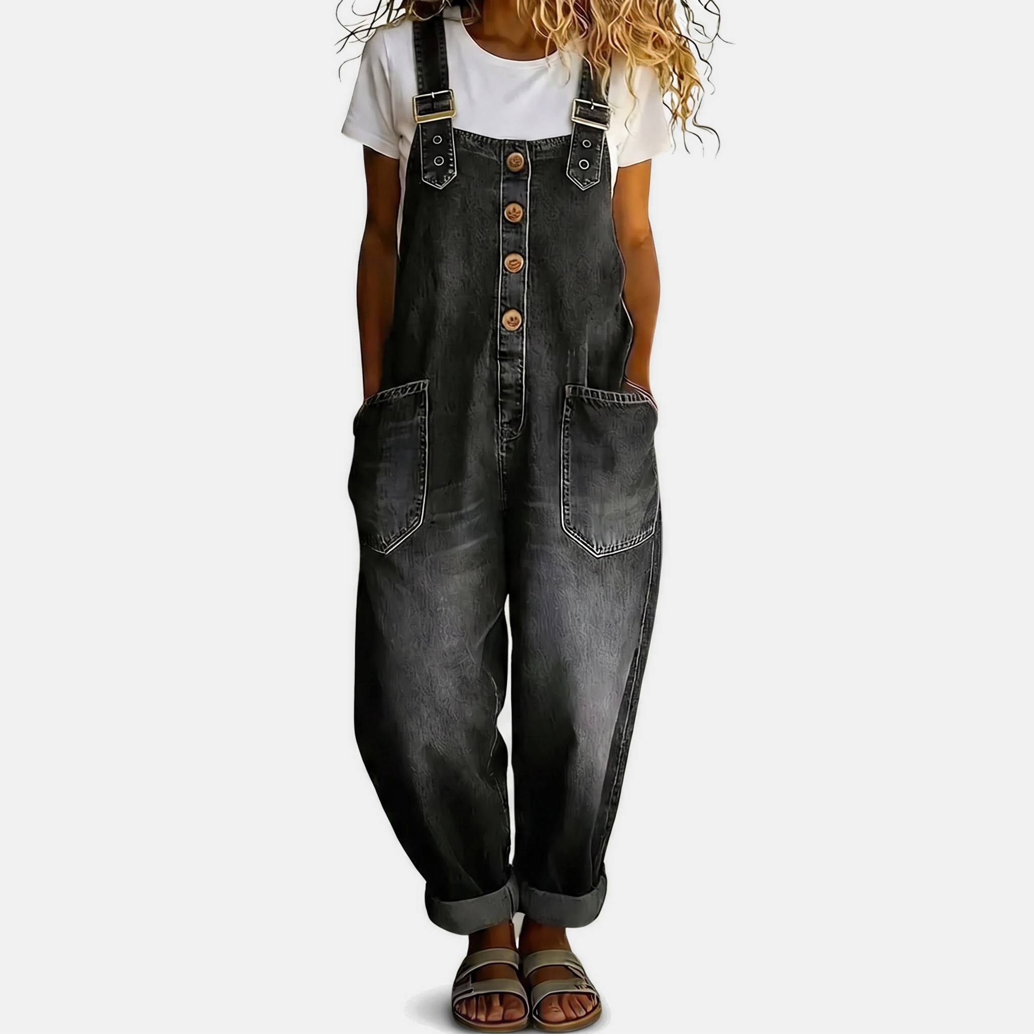 Women's Washed Loose Fit Bib Overall Wide Leg Denim Jumpsuit