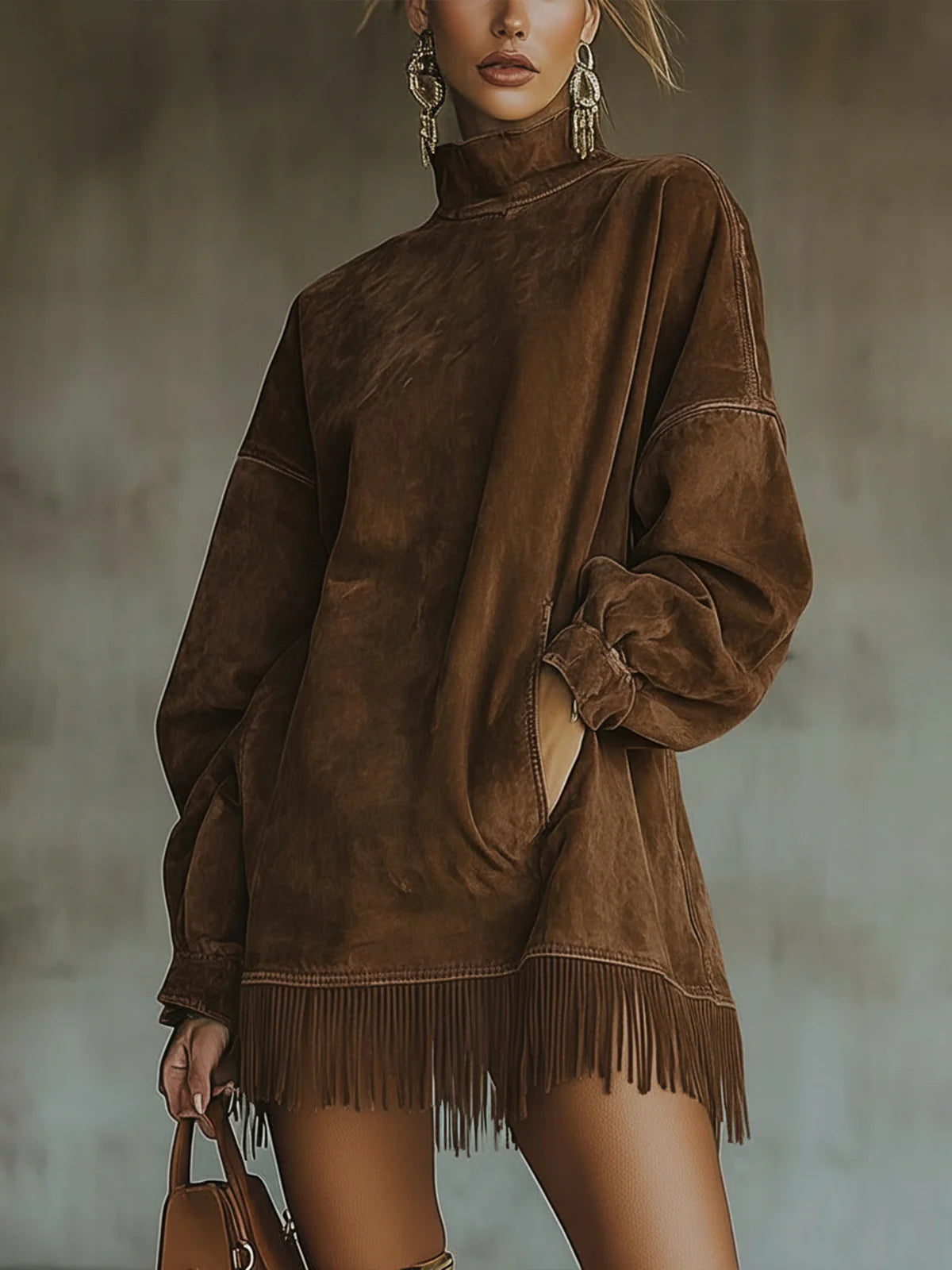 Gabriela - High Neck Suede Dress with Fringe Details