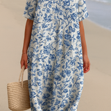 Alyssa - Ivory Dress Adorned with Porcelain Blue Floral Accents