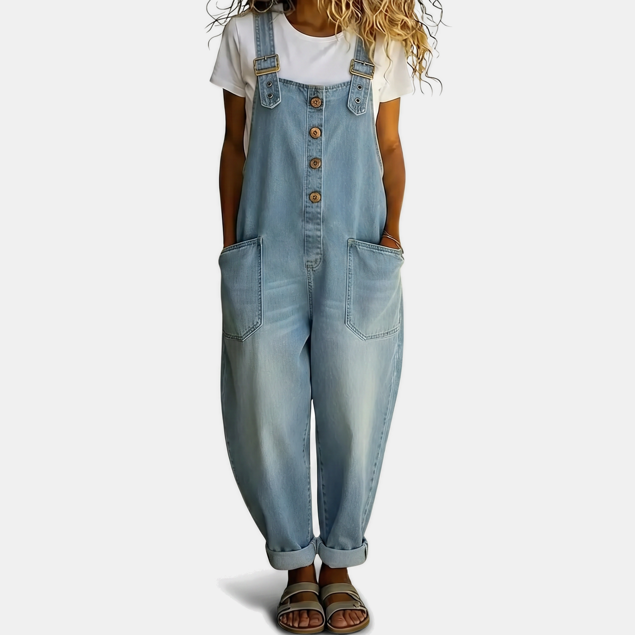 Women's Washed Loose Fit Bib Overall Wide Leg Denim Jumpsuit