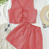 India | 2-Piece Plaid Striped Vest & High-Waisted Loose Shorts
