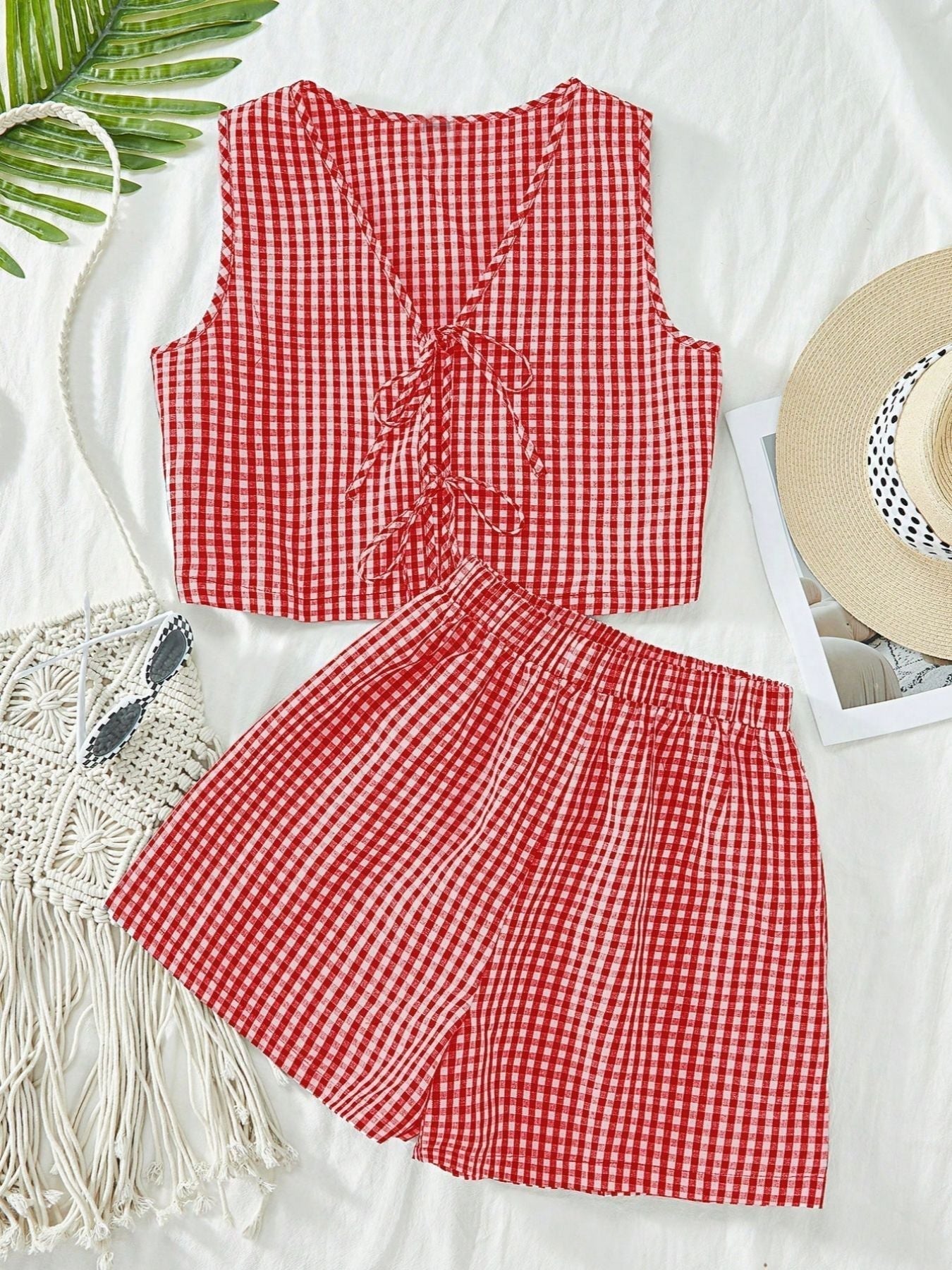India | 2-Piece Plaid Striped Vest & High-Waisted Loose Shorts