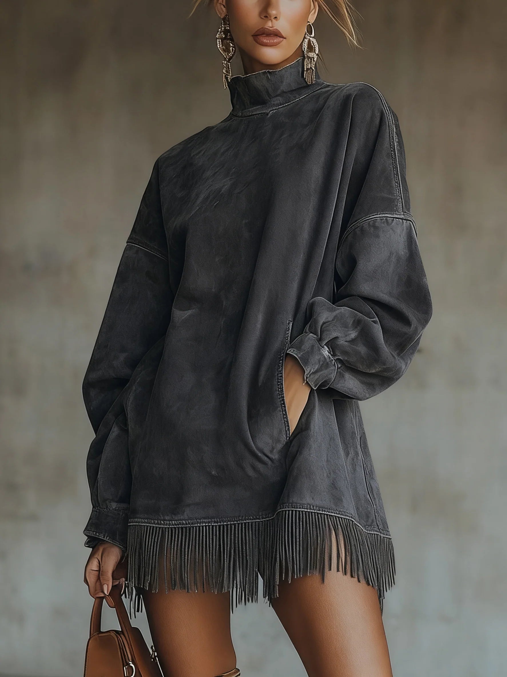 Gabriela - High Neck Suede Dress with Fringe Details