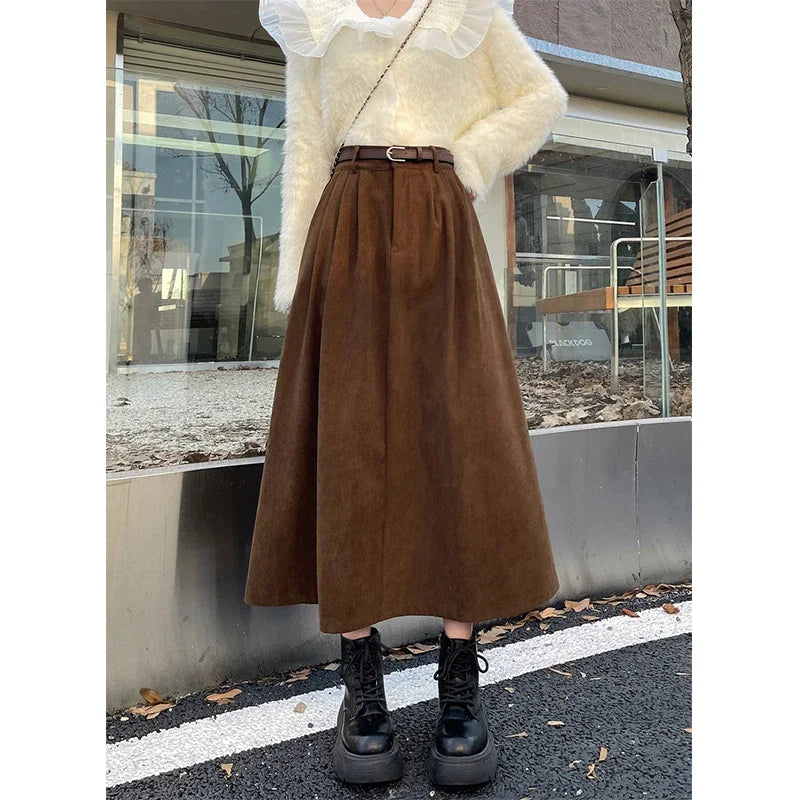 Naomi | Classic Belt Corduroy Midi Skirt