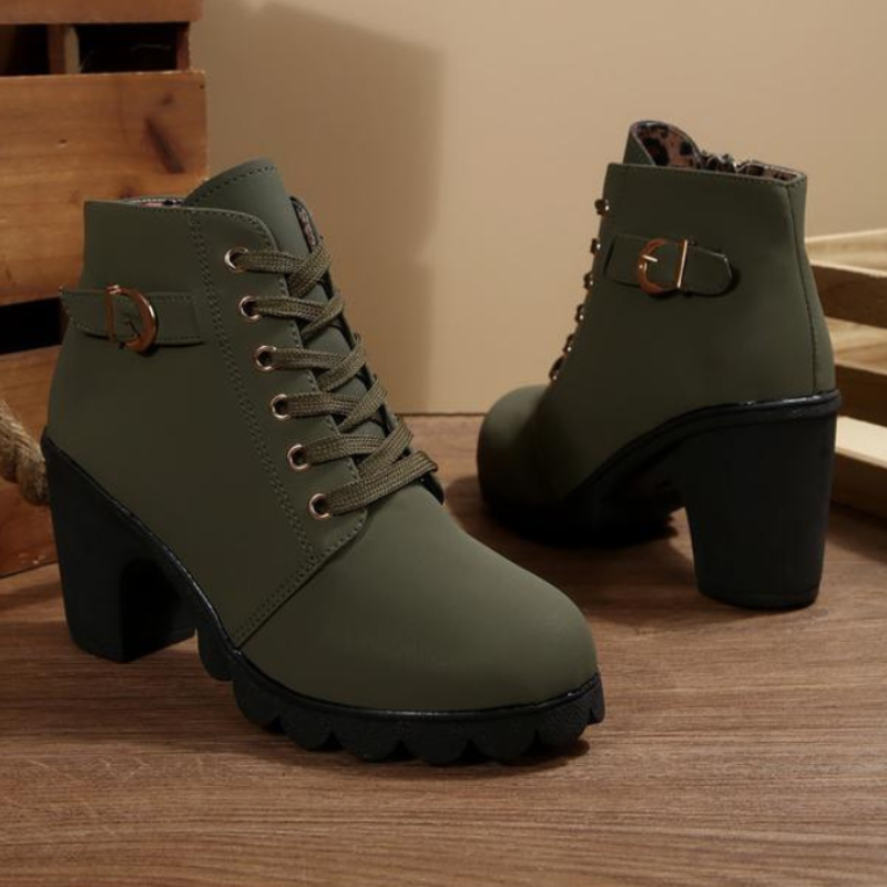 Charlotte | Chic Lace-Up Metal Buckle Chunky Ankle Boots