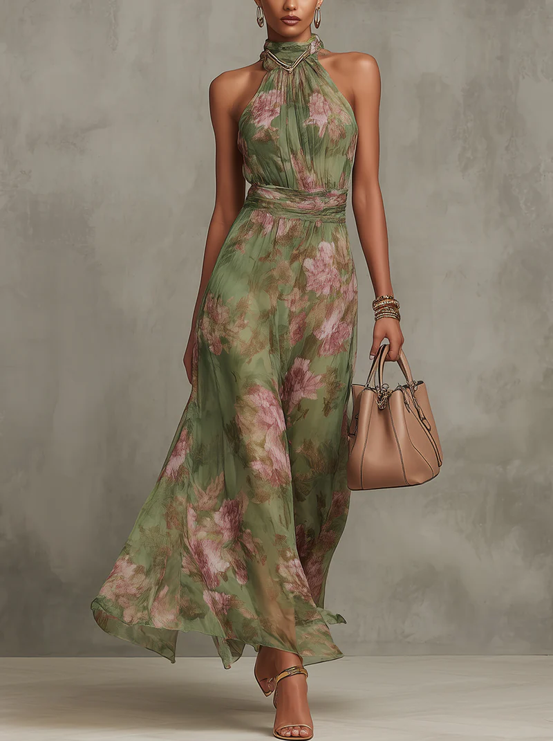 Livia - Chic Floral Maxi Dress with Halter Neck