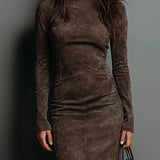 Lorena - Brown Midi Dress with Long Sleeves