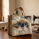 Spacious and Lightweight Quilted Bag Featuring a White Cat with Blue Eyes