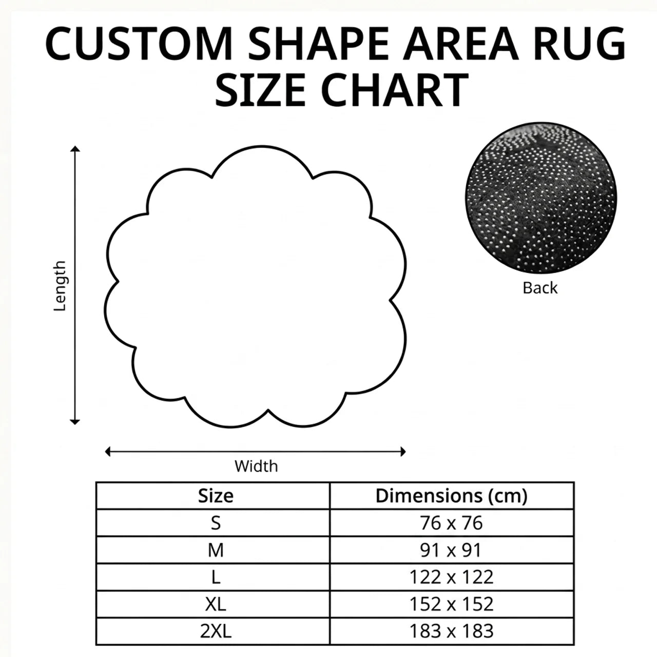 Custom Shape Area Rug Size Chart in centimeters