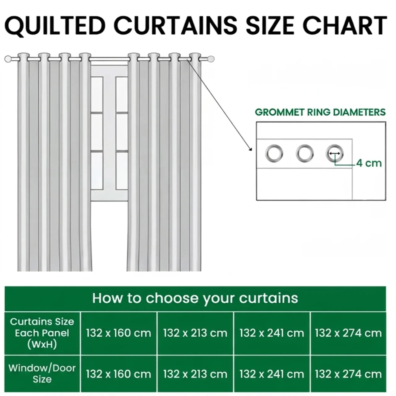 Quilted Curtains Size Chart in centimeters