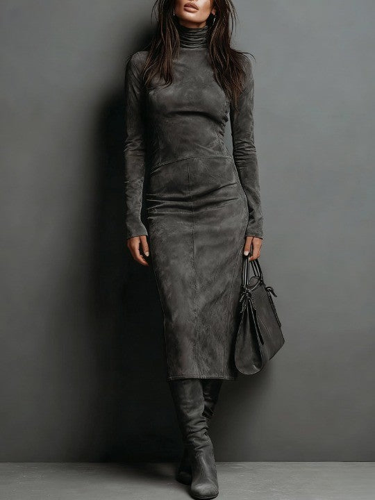 Lorena - Brown Midi Dress with Long Sleeves