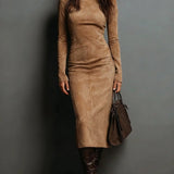 Lorena - Brown Midi Dress with Long Sleeves