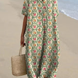 Sophie - Retro Floral Dress in Aqua Green